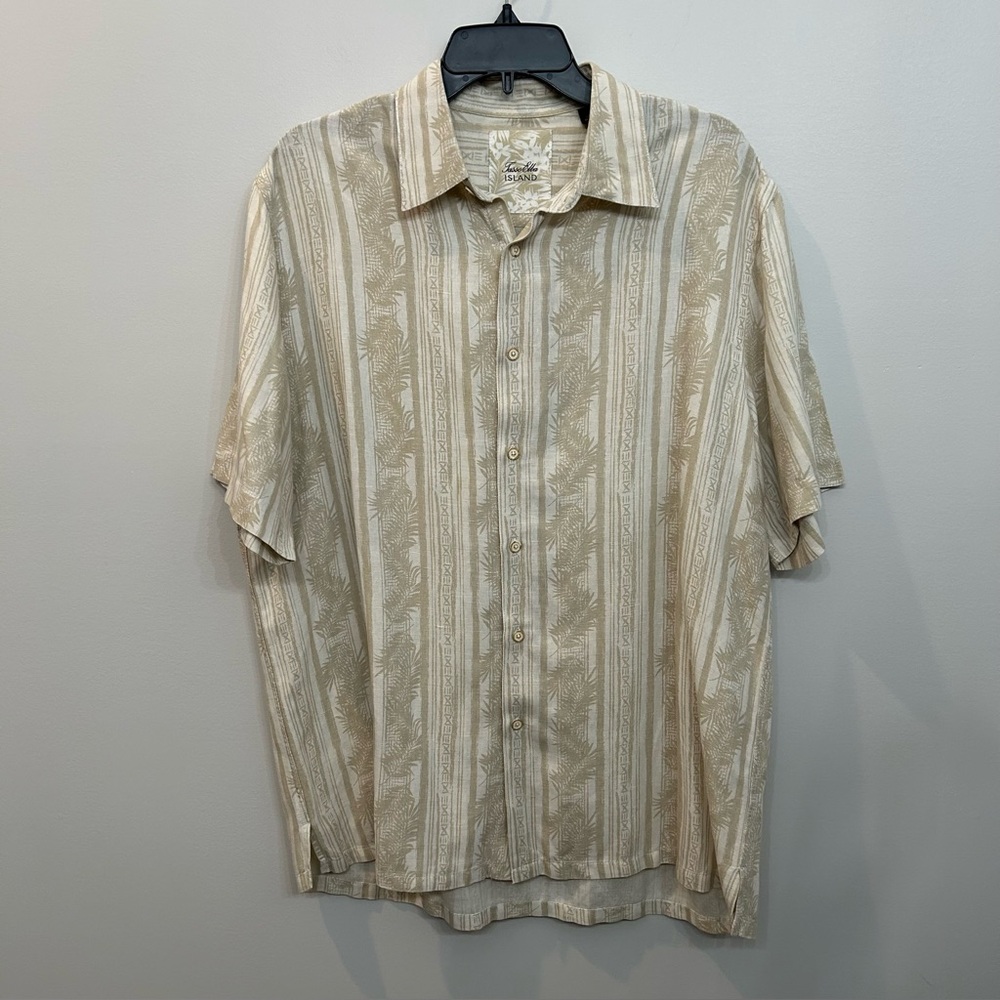 Tasso Ella Island Silk Linen Hawaiian Short Sleeve Button Down Shirt Tan…